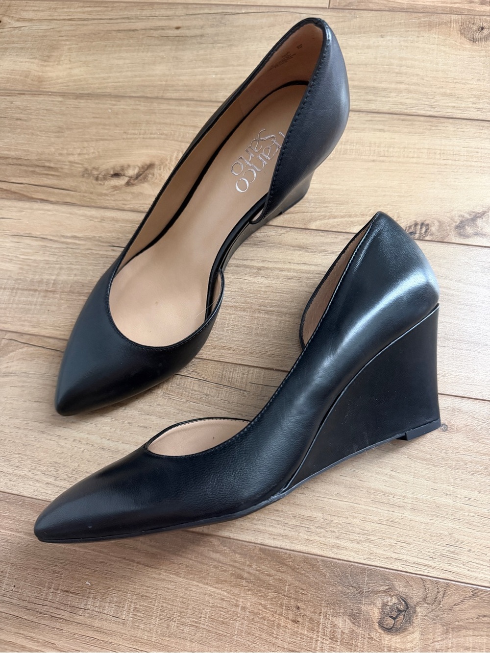 Franco Sarto Black Leather Wedge Pumps - Sleek Pointed-Toe